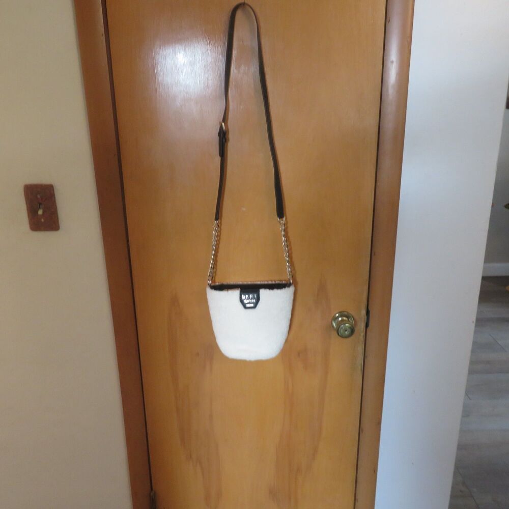 DKNY Sherpa Bucket Crossbody Bag in Ivory Faux Fur